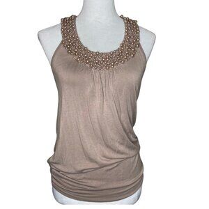 XXI Brown Accent Beaded Neckline Racerback Top Blouse Shirt Size Medium Date